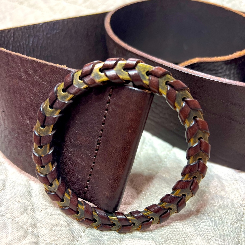 Max Mara Waist Belt Brown Leather Wide Woven Ring Adjustable Cognac Size Small